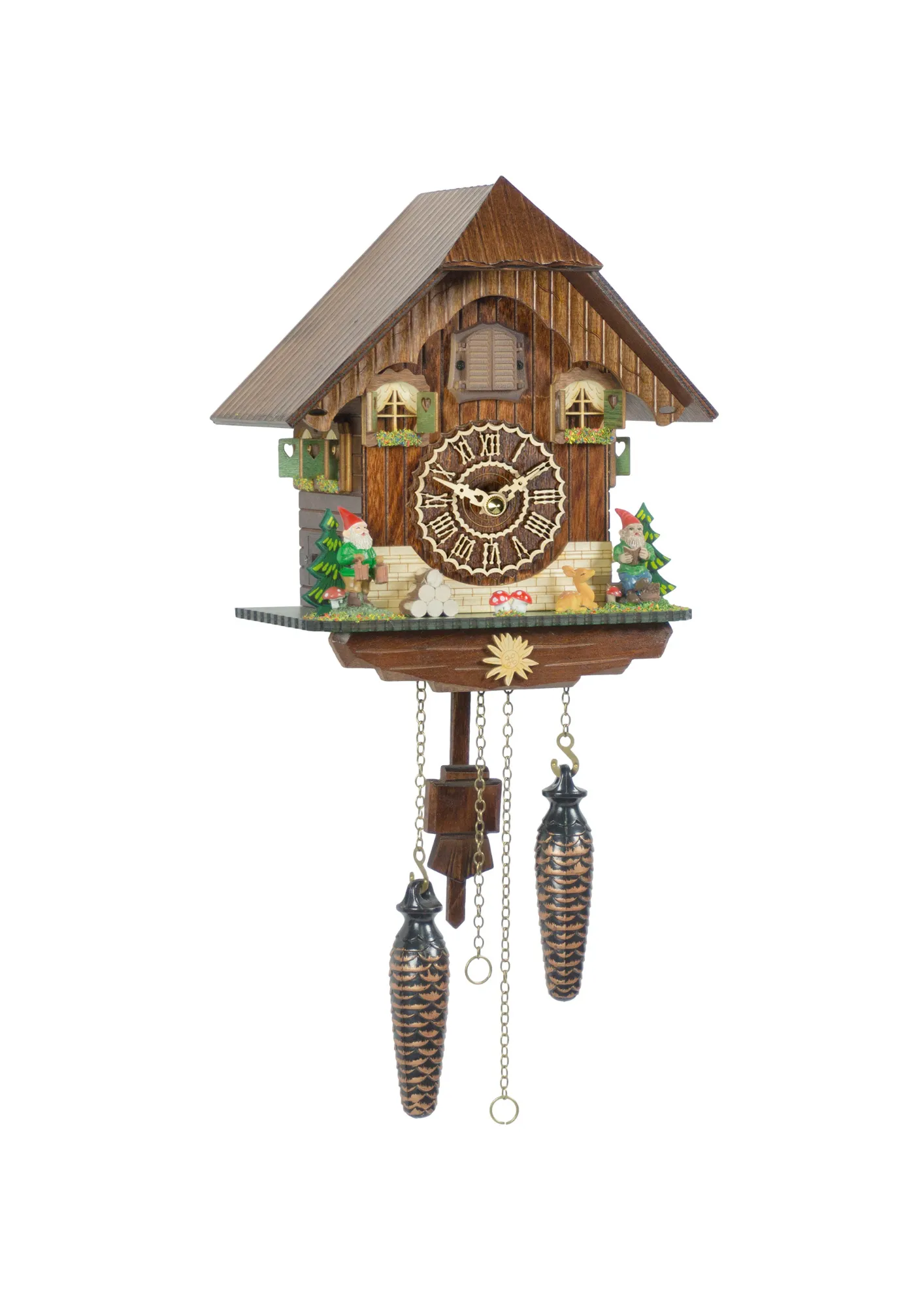 Chalet Battery Operated / Quartz Cuckoo Clock with Forest Gnomes that plays music made by Trenkle Uhren