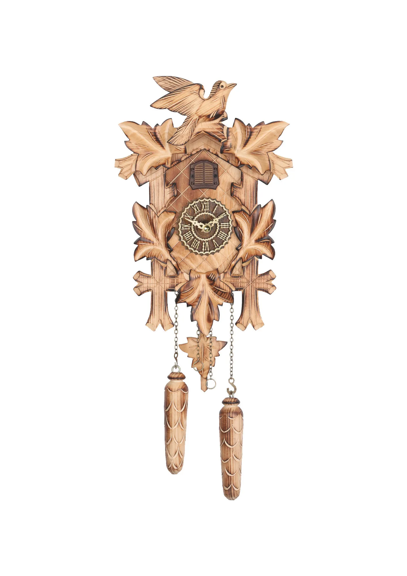 Traditional style cuckoo clock with natural color wood and hand burnt edges to give it a rustical look, plays music and its made by Trenkle Uhren
