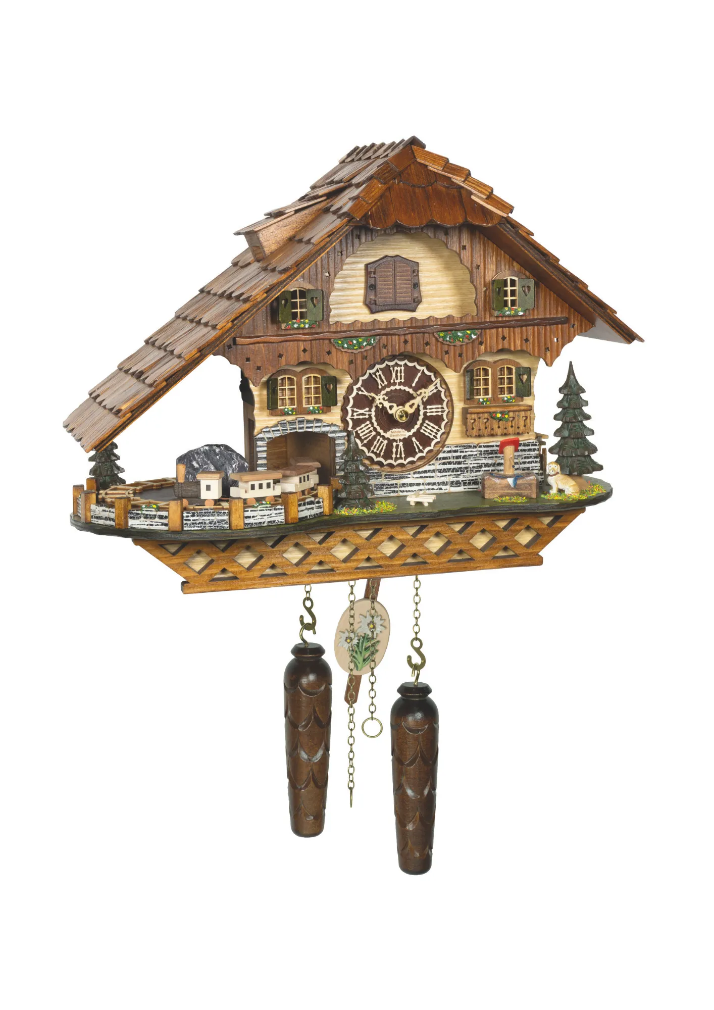 Chalet Battery Operated / Quartz Cuckoo Clock with rotating train and moving water wheel made by Trenkle Uhren