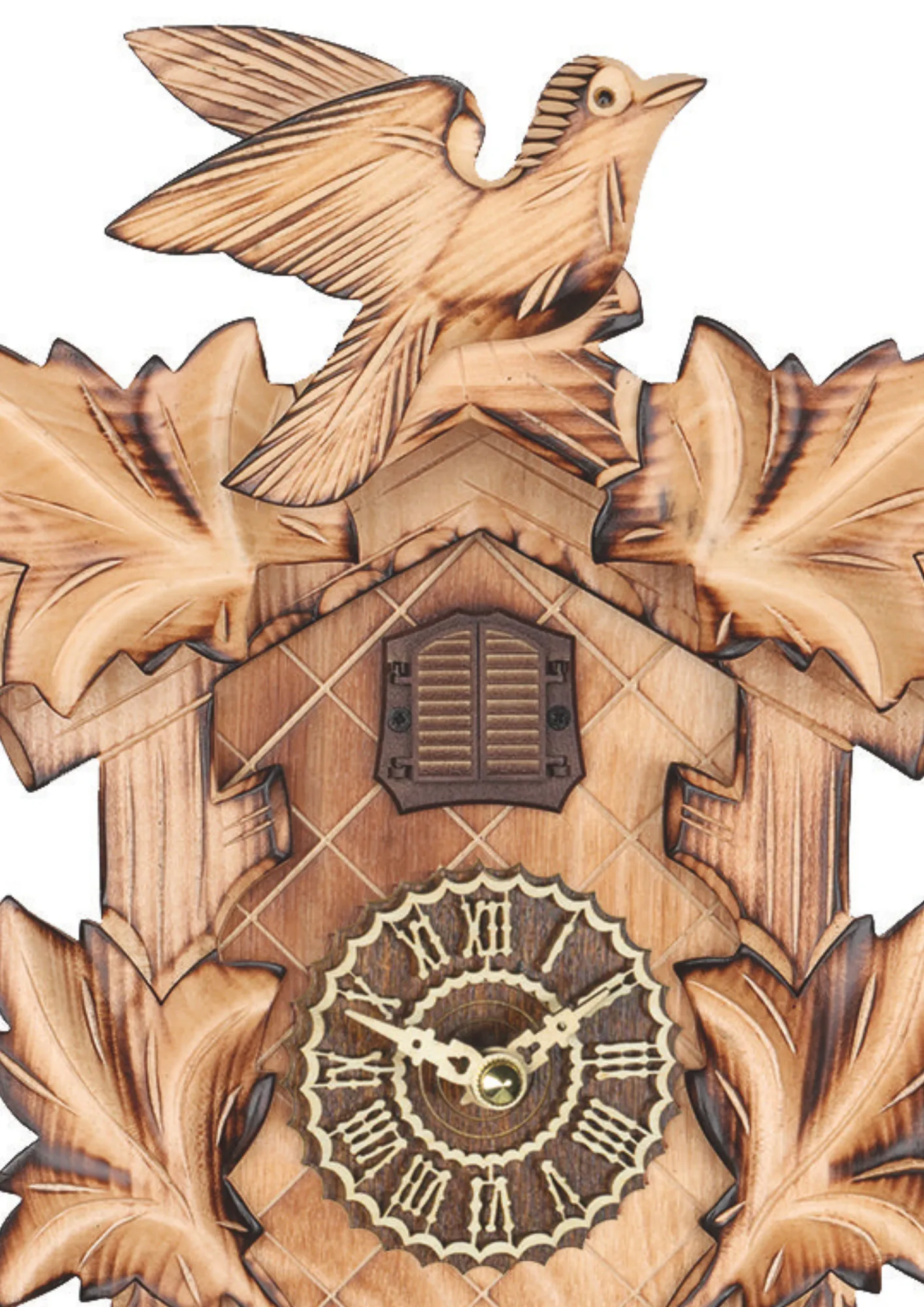 Traditional style cuckoo clock with natural color wood and hand burnt edges to give it a rustical look, plays music and its made by Trenkle Uhren