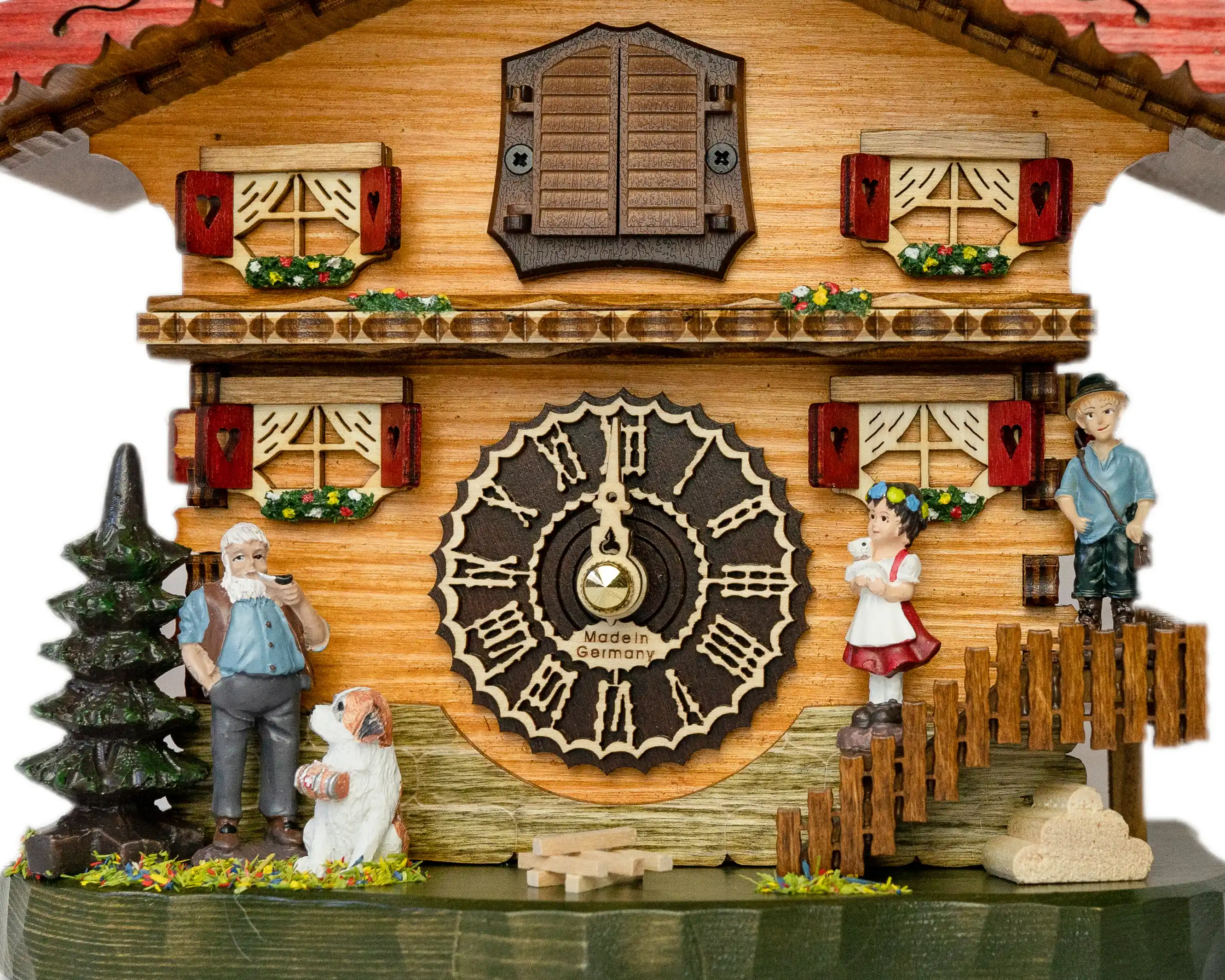 Chalet Mantle Battery Operated / Quartz Cuckoo Clock representing Heidi storyline and its characters, plays music made by Trenkle