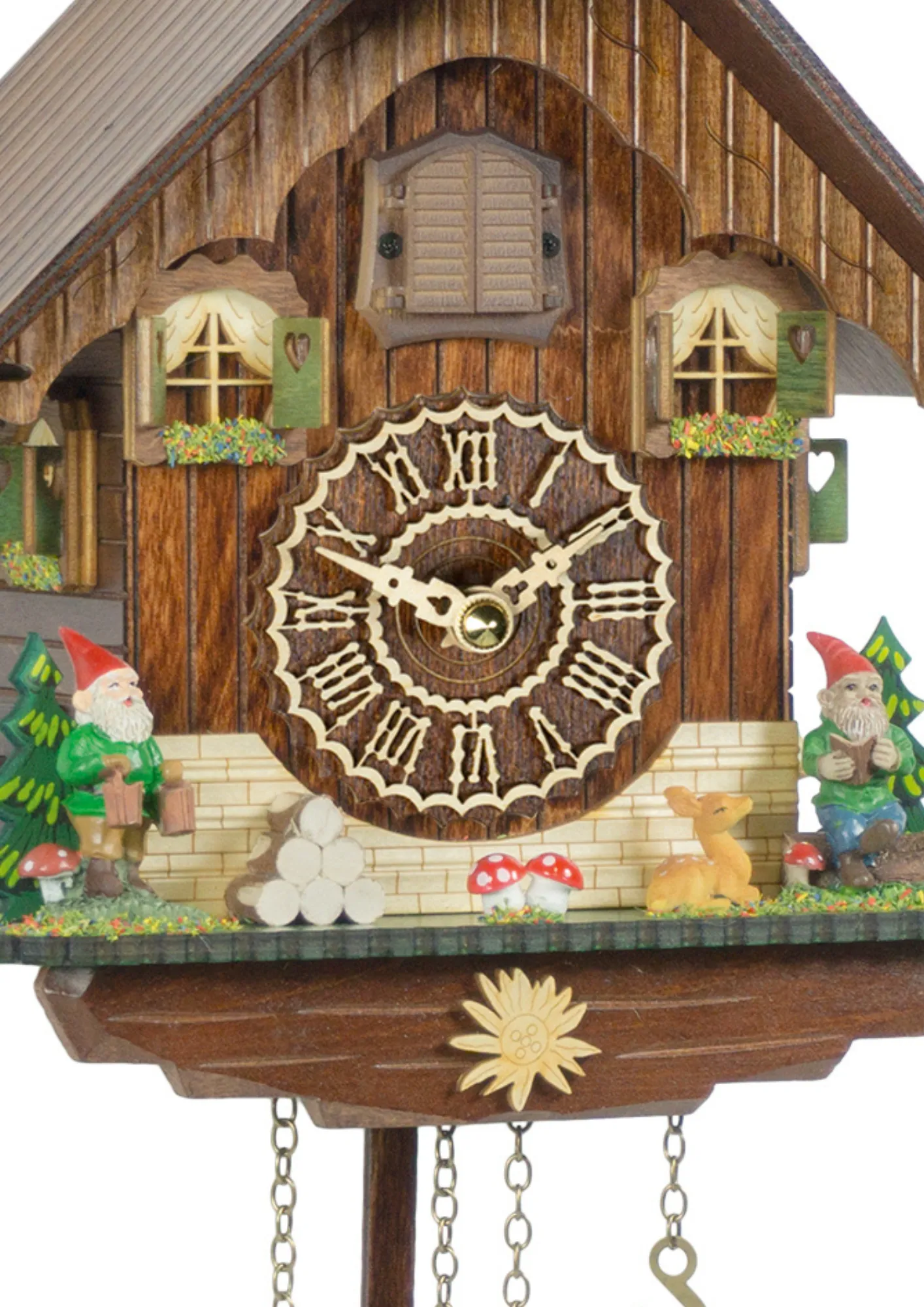 Chalet Battery Operated / Quartz Cuckoo Clock with Forest Gnomes that plays music made by Trenkle Uhren