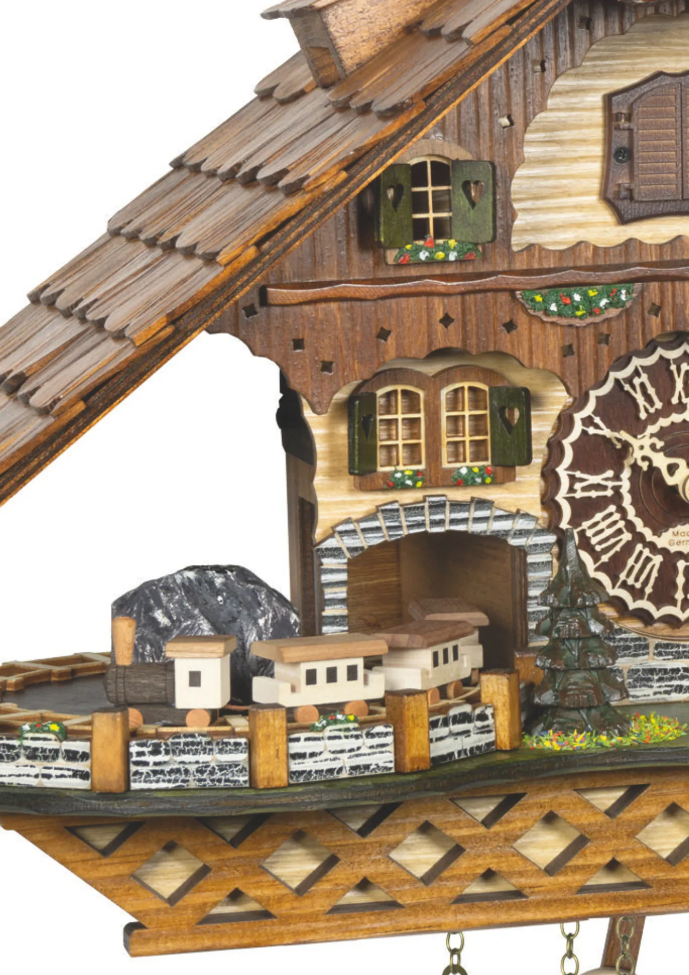 Chalet Battery Operated / Quartz Cuckoo Clock with rotating train and moving water wheel made by Trenkle Uhren