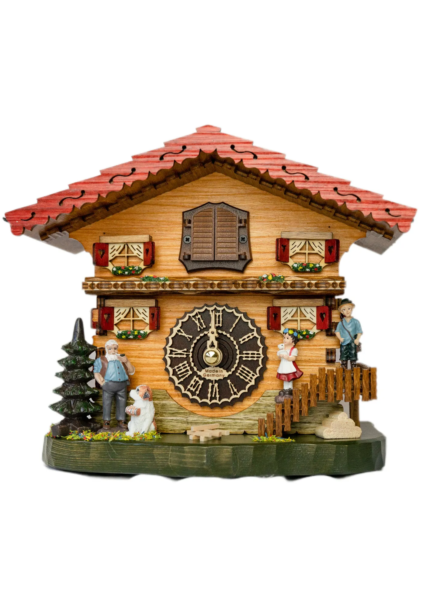 Chalet Mantle Battery Operated / Quartz Cuckoo Clock representing Heidi storyline and its characters, plays music made by Trenkle