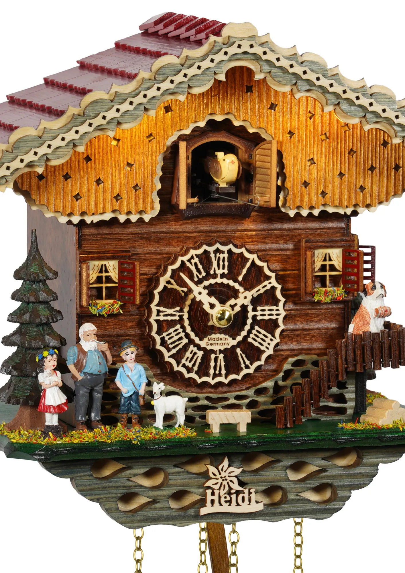 Chalet Battery Operated / Quartz Cuckoo Clock representing Heidi storyline and its characters, with LED lights, plays music, made by Trenkle