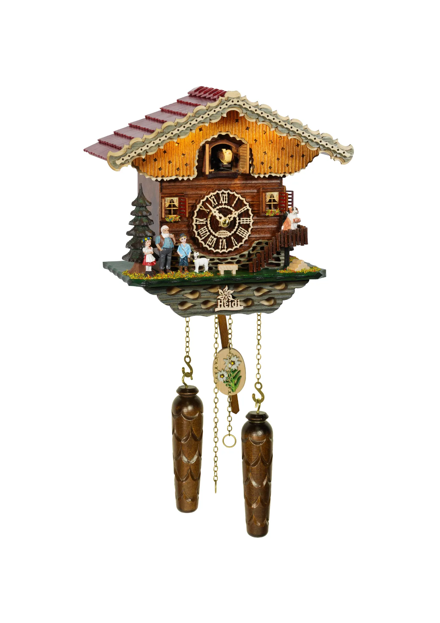 Chalet Battery Operated / Quartz Cuckoo Clock representing Heidi storyline and its characters, with LED lights, plays music, made by Trenkle