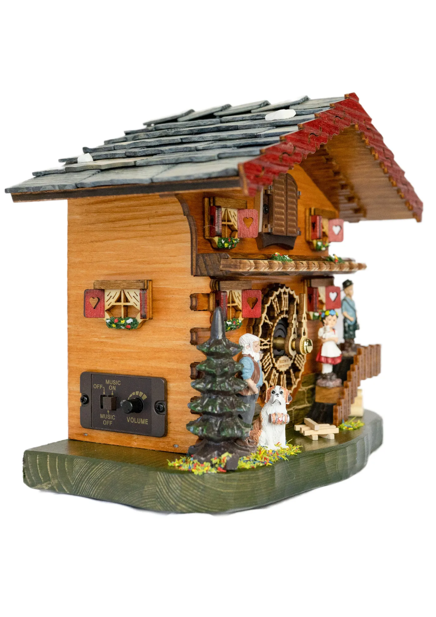 Chalet Mantle Battery Operated / Quartz Cuckoo Clock representing Heidi storyline and its characters, plays music made by Trenkle